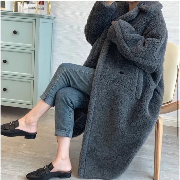 #18 Grey Gray Oversized Sherpa Plush Teddy Faux Fur Coat - Picture 8 of 12